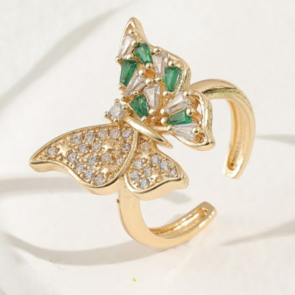 SEE NEW LISTING Butterfly Ring With Green Zircon & Rhinestones In Gold Tone - Picture 8 of 10